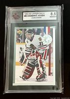 Front of graded Dominik Hasek Euro Stars #E3 card showing image, grade label 8.5 NMM+