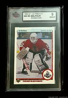 Front of KSA-slabbed Ed Belfour rookie card showing grade 9 Mint label and card front design