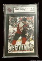 Front view of graded Lindros Ice Quake card showing artwork, label with grade 8.5 NMM+