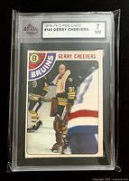 Front view of slabbed 1978-79 O-Pee-Chee #140 Gerry Cheevers card, KSA label showing grade 7 NM
