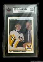 Front of graded Jaromir Jagr rookie card showing KSA 8.5 label and card image