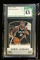 Front of encapsulated Kawhi Leonard rookie card with CSG 8.5 label visible