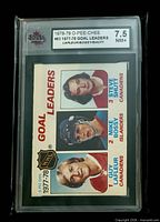 Front of graded O-Pee-Chee #63 Goal Leaders card showing Lafleur, Bossy, Shutt and 7.5 grade label