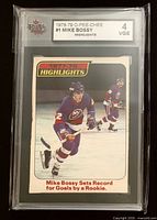 Front of graded Mike Bossy #1 Highlights card showing player image, KSA label with grade 4 VGE