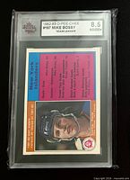 Front of slabbed Mike Bossy 1982-83 OPC #197 card with KSA 8.5 label visible