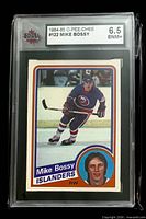 Front of KSA-slabbed Mike Bossy 1984-85 O-Pee-Chee card showing image, label, grade 6.5 ENM+