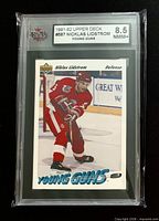 Front view of graded Niklas Lidstrom Young Guns card showing grade label 8.5 NMM+ and card image