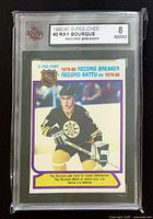 Front of graded Ray Bourque O-Pee-Chee Record Breaker card showing player image and KSA grade label