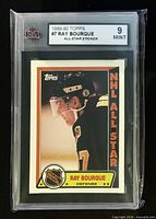 Front of encapsulated Ray Bourque Topps sticker card displaying KSA grade 9 Mint label