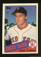 Front of 1985 Topps Roger Clemens card showing portrait and team graphics