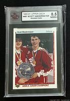 Front of KSA-encapsulated Scott Niedermayer rookie card showing grade 8.5 label and card front image