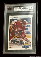Front view of graded Sergei Fedorov Upper Deck rookie card showing image, grader label and grade
