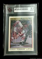 Front of Sergei Fedorov OPC Premier card in KSA slab showing grade label 8.5 NMM+