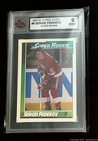 Front of graded 1991-92 Topps Sergei Fedorov Super Rookie card showing grade 9 Mint label
