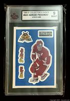 Front view of graded Sergei Fedorov Stick'Ums card showing player image and KSA grade label
