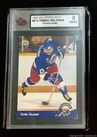 Front view of graded Teemu Selanne Young Guns card showing image, player name, card number and KSA grade 9 Mint label
