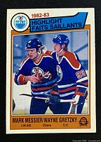 Front of the 1983-84 OPC #23 Highlight card showing Gretzky and Messier image and card design
