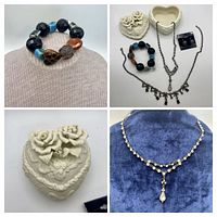 Collage showing bracelet, group shot, trinket box, Y-drop necklace