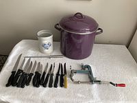 All items including stock pot, apple peeler, knives, sharpener, stoneware jar