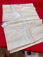 Full view of folded beige fabric on red surface
