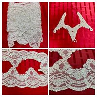 Folded length of beaded lace, collar applique, and close-ups of lace detailing