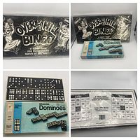 Front view of sealed Over The Hill Bingo box and Dragon Dominoes box