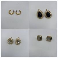 Collage showing all four pairs of earrings: half hoops, teardrop cabochon, starburst cluster, square pavé