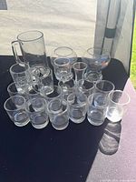All glasses grouped: large mug, small steins, goblet, cordial glass, array of shot glasses
