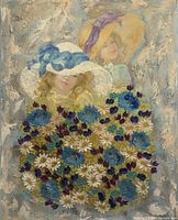 Full view of painting showing two girls and floral arrangement