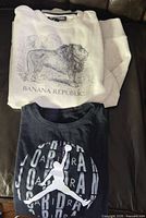 Jordan graphic T-shirt and Banana Republic lion sweatshirt laid flat