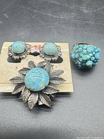 Front view of brooch, earrings and ring