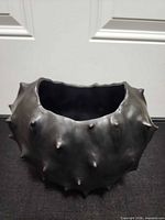 Front view of black ceramic vase showing spiky exterior