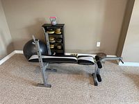 Overall view of bench, BOSU ball, storage rack with weights and kettlebell