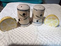 Full set: two olive design cylinders, two lemon slice shakers