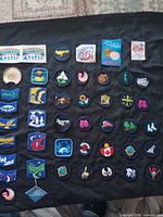 Full layout of about 40 embroidered Girl Guide badges on black background