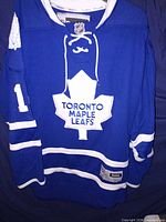 Front view of blue Toronto Maple Leafs Reebok jersey showing crest, lace-up collar, sleeve number and striping