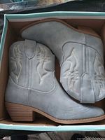 Both boots in box showing color, stitching, heel style