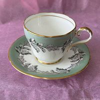 Tea cup with saucer front view showing pattern and trim