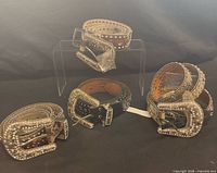 All four rhinestone belts displayed on stand