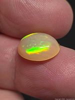 Oval cabochon opal with green and yellow flash shown on fingertip
