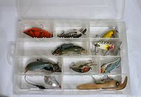 Overall view of all 13 lures in clear tackle box compartments