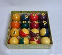 Open box showing all 16 billiard balls arranged