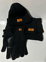 Hat, scarf and gloves laid out showing logo patches and overall condition
