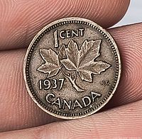 Reverse showing 1 CENT, maple leaves, date 1937