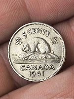 Reverse view showing 5 CENTS, beaver design, CANADA, 1941