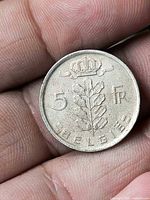 Reverse side with crown, oak branch, 5 Fr, BELGIE legend