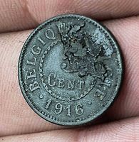 Obverse showing BELGIQUE CENT 1916 legend and toned surface