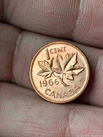 Reverse side 1966 Canadian 1-cent coin showing maple leaf design and date