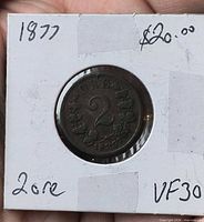Front of holder showing obverse side with wreath and 2 Øre design, date 1877 visible