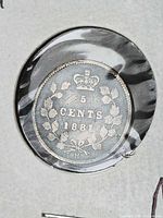 Reverse showing crown, 5 CENTS, 1881, wreath and H mintmark